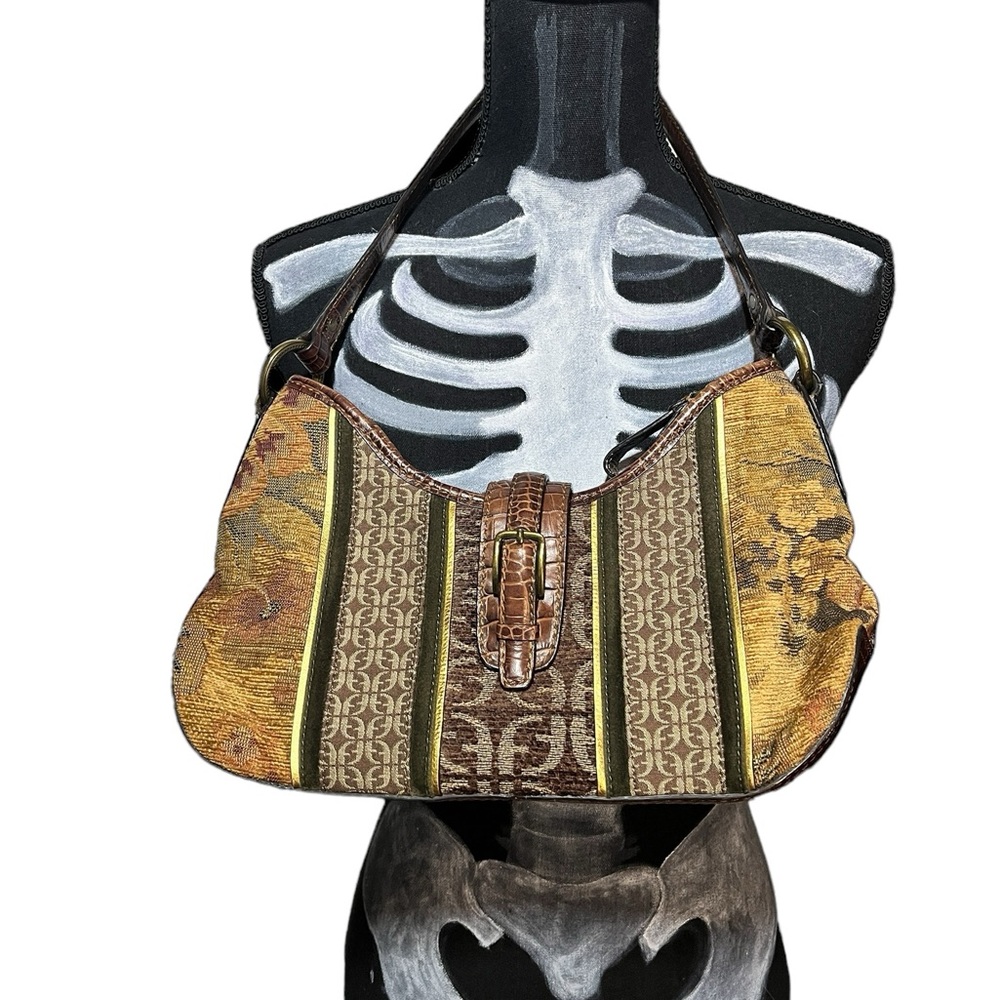 Vintage Fossil Tapestry and Leather Shoulder Bag